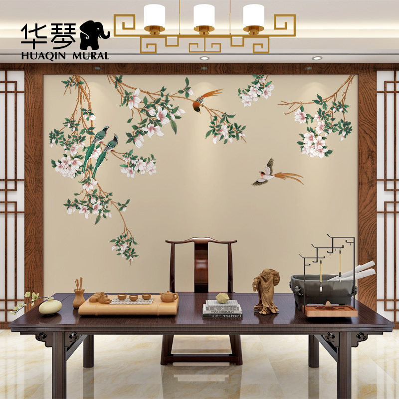 新中式玉兰花鸟影视墙壁纸客厅卧室墙纸壁画定制壁布法式美式墙布,家装主材,定制壁画,淘宝优惠券,粉丝福利购,淘宝优惠卷
