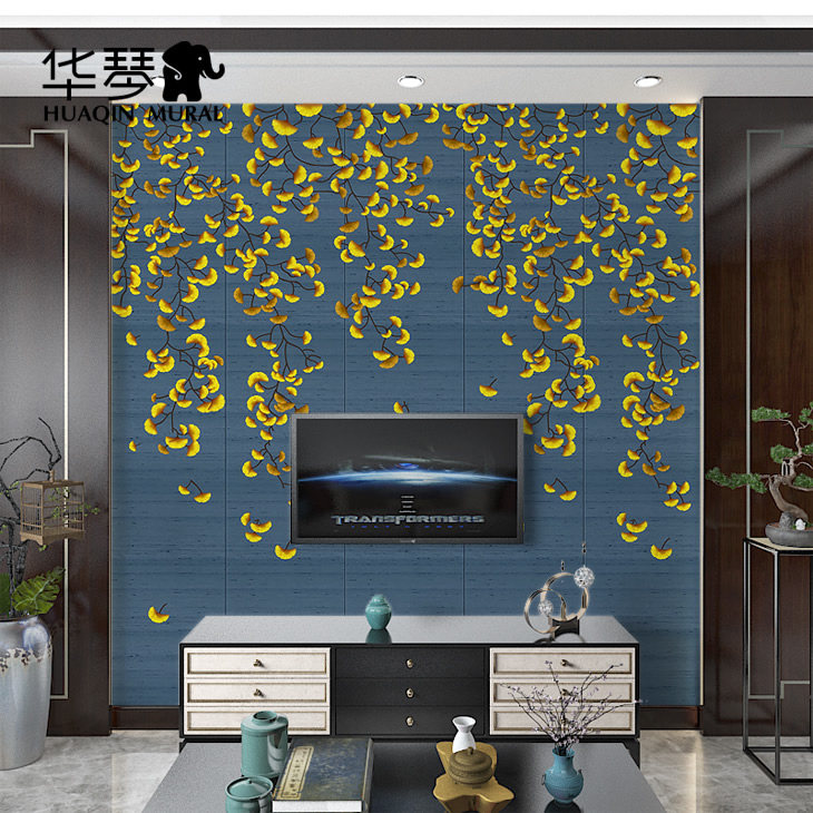 新中式银杏叶背景墙壁画定制金钱杏深蓝色仿硬包客厅卧室电视背景