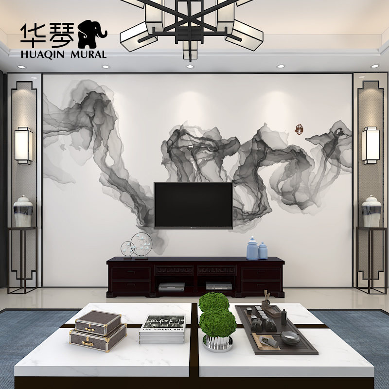 现代新中式电视背景墙壁纸客厅墙纸吊顶抽象艺术泼墨线条壁画墙布