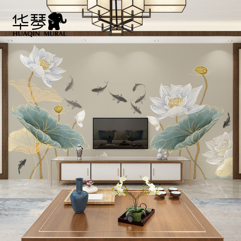 九鱼荷花图电视背景墙壁纸客厅墙布卧室沙发床头莲蓬禅意墙纸壁画,家装主材,定制壁画,淘宝优惠券,粉丝福利购,淘宝优惠卷