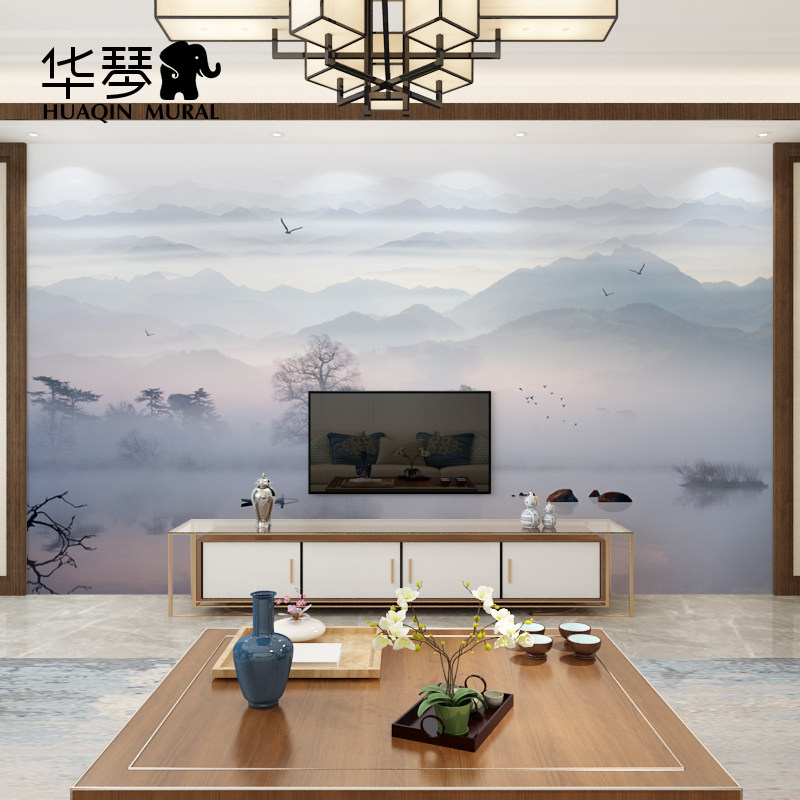 华琴 山水写意无缝壁画定制 背景墙客厅沙发壁纸墙纸夕阳树林墙布,家装主材,定制壁画,淘宝优惠券,粉丝福利购,淘宝优惠卷