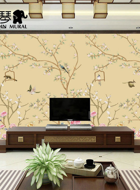 新中式花鸟壁画客厅卧室壁纸紫色蓝色红色绿色明黄背景墙美式墙纸
