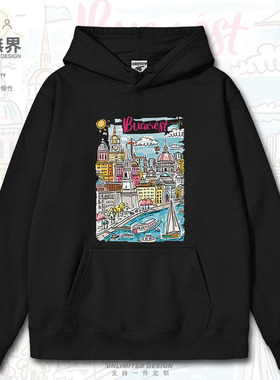 罗马尼亚Bucharest布加勒斯特地标涂鸦连帽卫衣男女秋0017设 无界