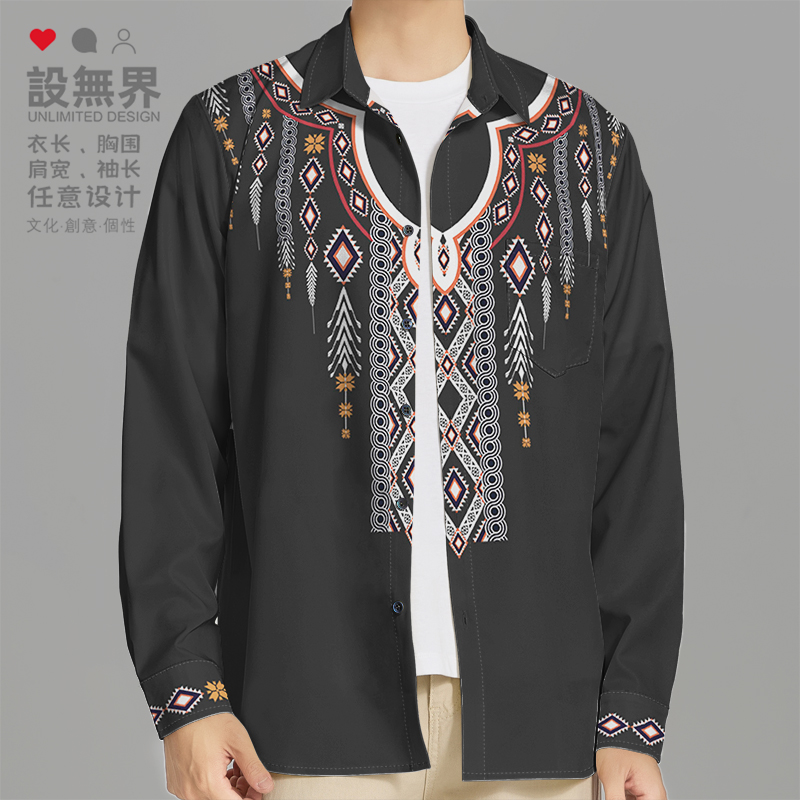 国潮复古民族风苗族藏族长袖衬衫
