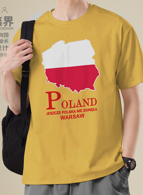 波兰Poland国家地图创意纯棉短袖T恤男女休闲衣服学生夏装设 无界
