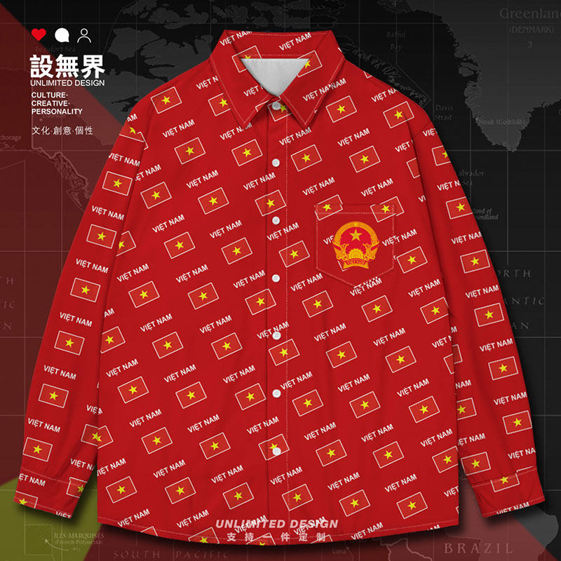 越南vietnam国家国旗满印长袖衬衫男女休闲秋季花衬衣上衣设 无界