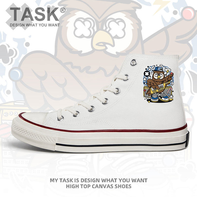 猫头鹰卡通趣味插画高帮帆布鞋男女个性鞋子板鞋青少年潮设 无界