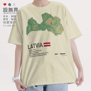 拉脱维亚地形地图地理科普复古潮流人文印花短袖T恤男女潮设 无界