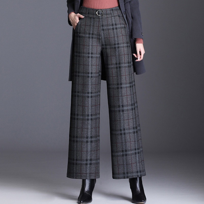 秋冬格子毛呢阔腿裤女胖mm宽松高腰大码显瘦九分加厚妈妈直筒裤子