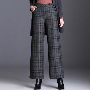 秋冬格子毛呢阔腿裤女胖mm宽松高腰大码显瘦九分加厚妈妈直筒裤子