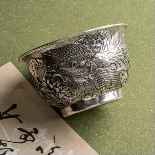 凤穿牡丹杯#纯手工錾刻凤穿牡丹主人杯约102克