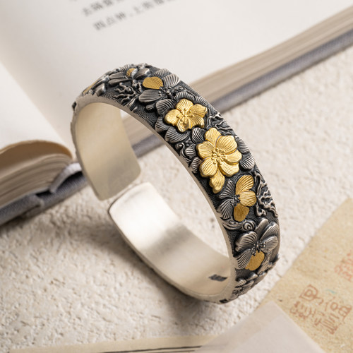 桃源春色足银999纯手工錾刻金银错设计感手镯约110克