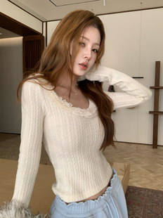 HOLDER ME U领花边针织毛衣女 2026春季修身显瘦百搭纯色上衣5680