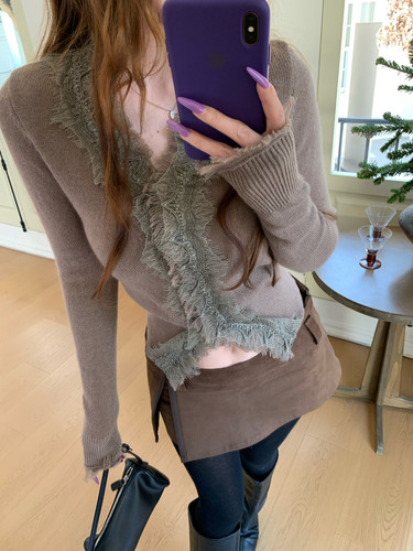 HOLDER ME 蕾丝拼接V领针织衫开衫 2025秋冬修身显瘦百搭上衣5629