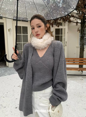 HOLDER ME V领背心+毛衣开衫外套两件套2025新款秋冬显瘦上衣5399