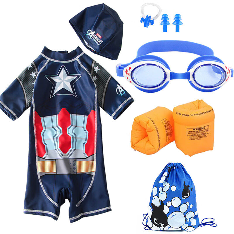 宽松胖男娃儿童连体裤男孩防晒幼儿园泳装大班男宝宝美国队长泳衣