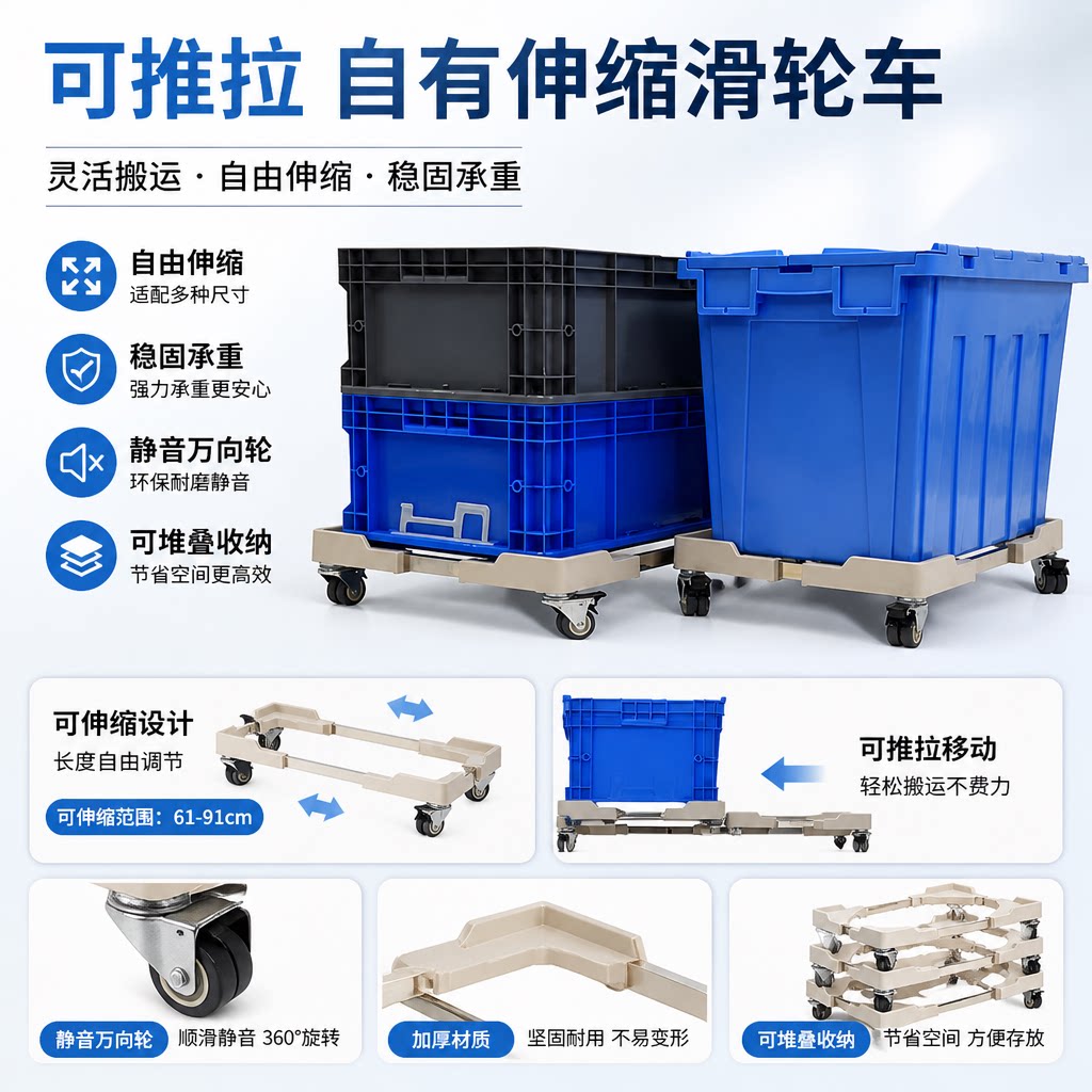 便携可伸缩乌龟车周转箱筐移动刹车轮平板车周转手推车不锈钢车架