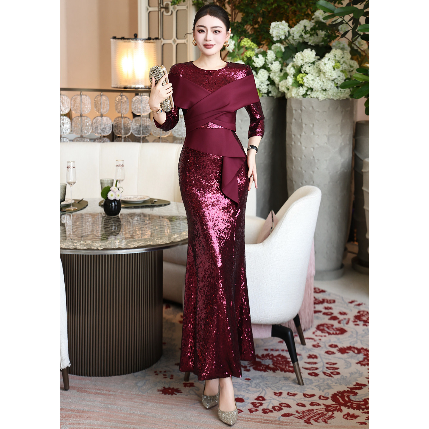 2026高定优雅七分袖亮片修身礼服长裙高端喜婆婆婚宴喜妈妈连衣裙