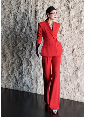 高端红色西装套装女职业商务双排扣西服微喇裤通勤两件套设计感秋