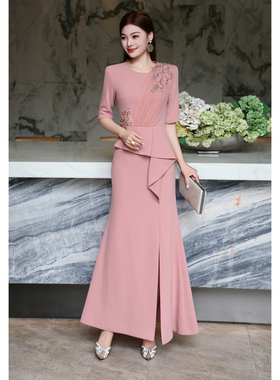 优雅女人味重工刺绣订珠收腰显瘦长裙气质婚礼宴会礼服连衣裙晚装