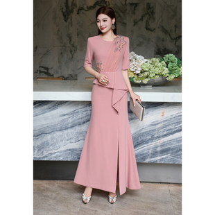 优雅女人味重工刺绣订珠收腰显瘦长裙气质婚礼宴会礼服连衣裙晚装