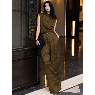 时尚复古简约风立领无袖交叉上衣阔腿裤两件套女夏装套装气质休闲