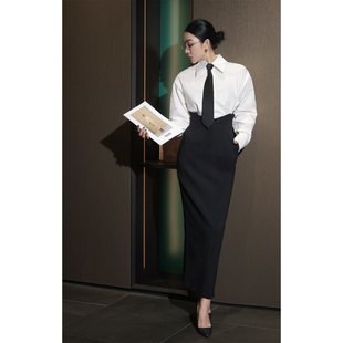 高级感职业女黑白撞色领带修身 秋 显瘦通勤ol风气质连衣裙领带时尚