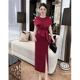 婚礼喜妈妈喜婆婆订钻领优雅修身 春夏气质裙 酒红色礼服连衣裙大码