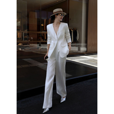 轻熟风白色套装女秋季V领亚麻