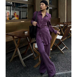 2026春夏新款时尚气质设计感衬衫阔腿裤优雅真丝丝麻品质女套装潮