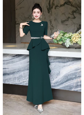 优雅短袖深红色长裙女立体荷叶边订钻修身婚礼宴会礼服裙连衣裙春