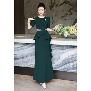 优雅短袖深红色长裙女立体荷叶边订钻修身婚礼宴会礼服裙连衣裙春