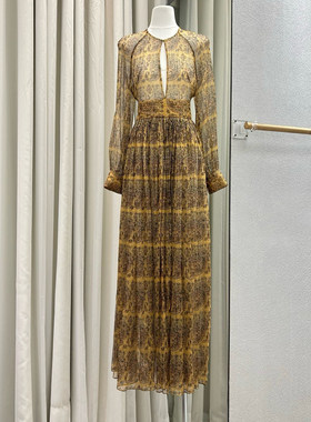 早秋度假风印花V领收腰连衣裙长