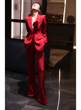 高级感年会职场正装红色西装套装女名媛新贵干练气质正式场合套裤