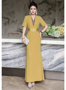 优雅V领黄色长裙气质修身显瘦婚礼年会晚宴礼服裙表演晚装连衣裙