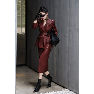 气质酷感御姐风秋 职场气质时尚 高级感PU蛋白皮西装 套裙女2025秋季
