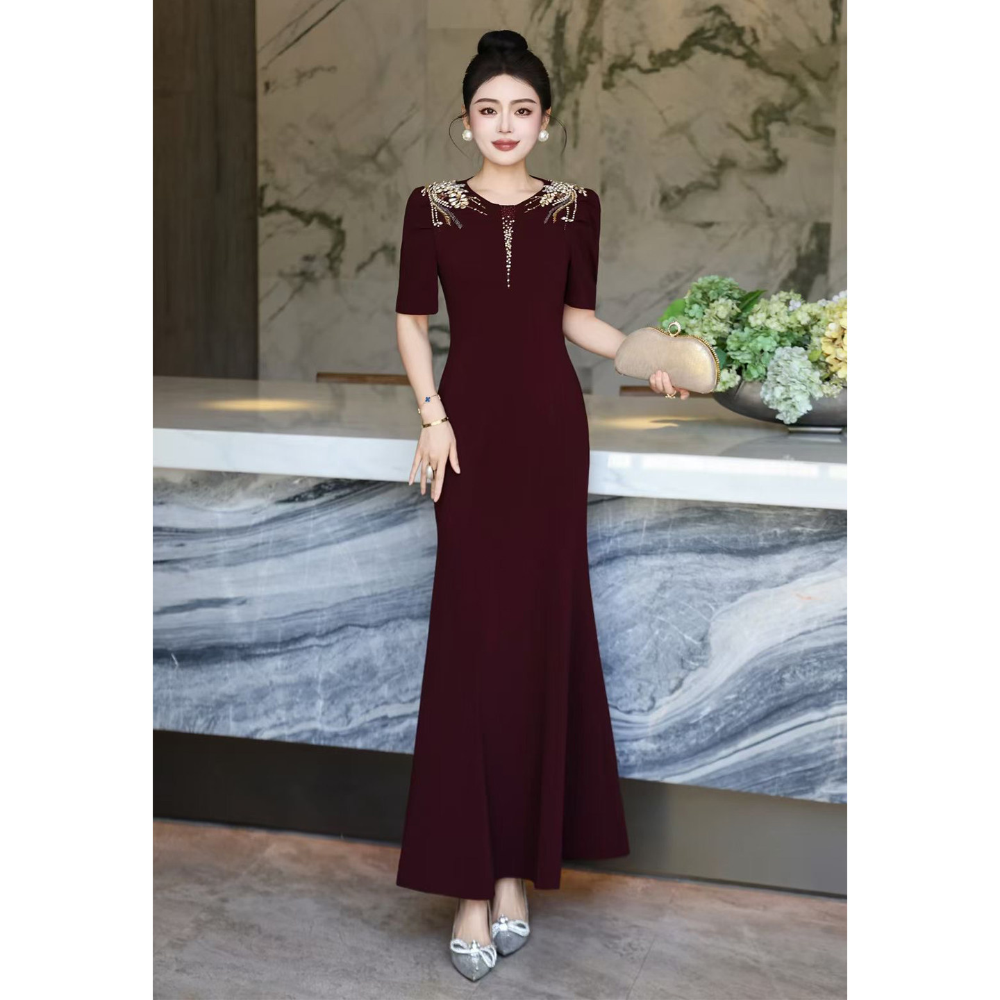 优雅重工钉珠高贵气质修身鱼尾长裙连衣裙喜妈妈婚礼喜婆婆晚礼服,女装/女士精品,礼服/晚装,淘宝优惠券,粉丝福利购,淘宝优惠卷