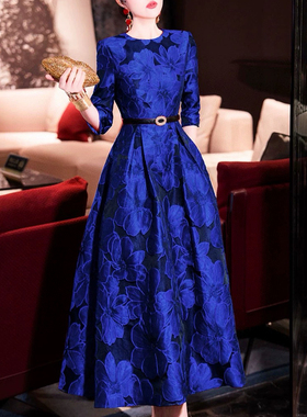 优雅红色立体花朵刺绣中长款收腰大摆宴会礼服连衣裙高级感名媛裙