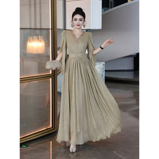 华丽风深V领重工订钻奢华气质礼服连衣裙女神范收腰高端大气晚装