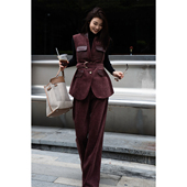 工装 女收腰显瘦两件套潮 套装 风坑条肌理纹时尚 老钱风马甲配阔腿裤