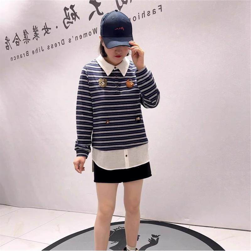 女权贵族2025年货新款条纹假两件衫加大码女装胖mm减龄上衣打底
