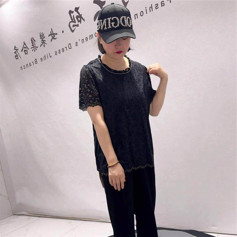 芮娜依莲大码女装2026夏季加肥胖mm打底1822蕾丝衫短袖上衣T恤