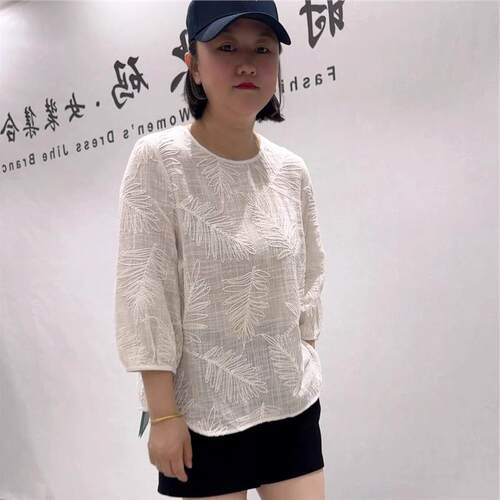 2026初夏新款潮T恤胖mm蓝鲸之吻3183上衣大码女装麻料衫女打底衫