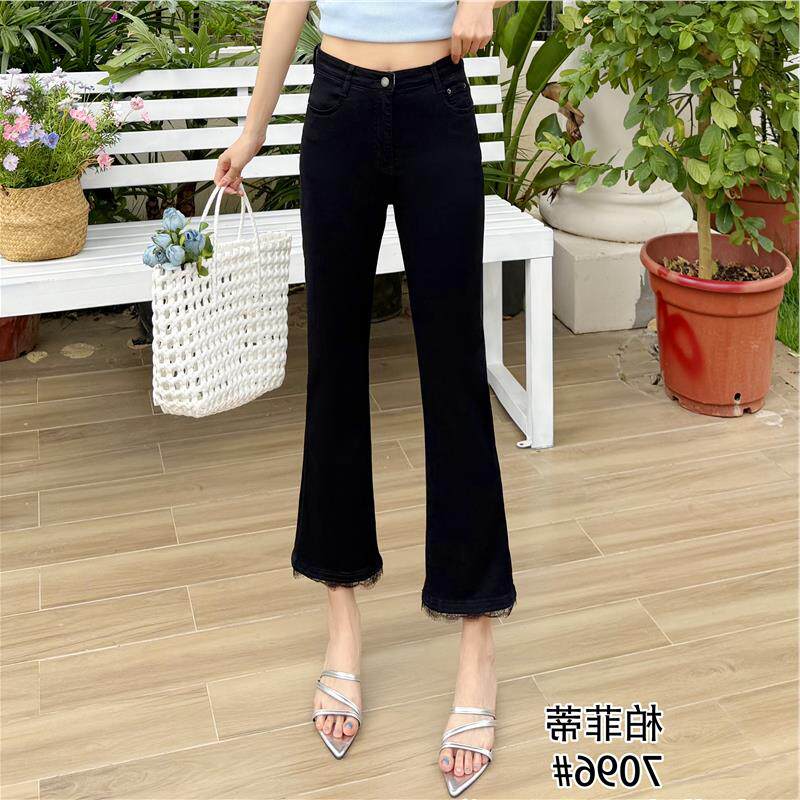 柏菲蒂7096夏季松紧高腰四面弹力黑色裤脚蕾丝微喇牛仔裤加肥加大