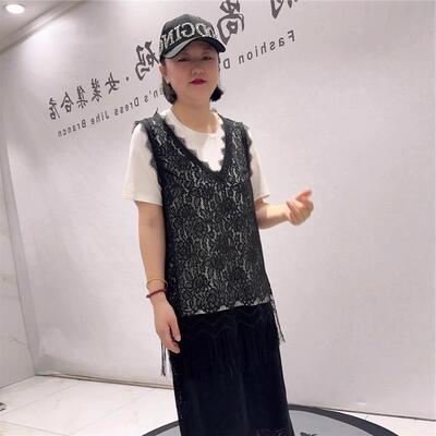 2026夏芮娜依莲胖m打底衫1951蕾丝流苏马夹T恤两件套大码女装上衣