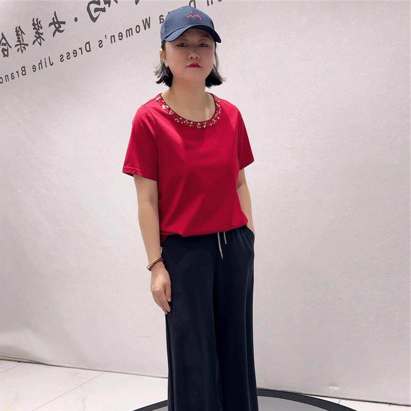 芮娜依莲打底2026夏季潮T恤1708重工领口短袖T恤加大码女装上衣