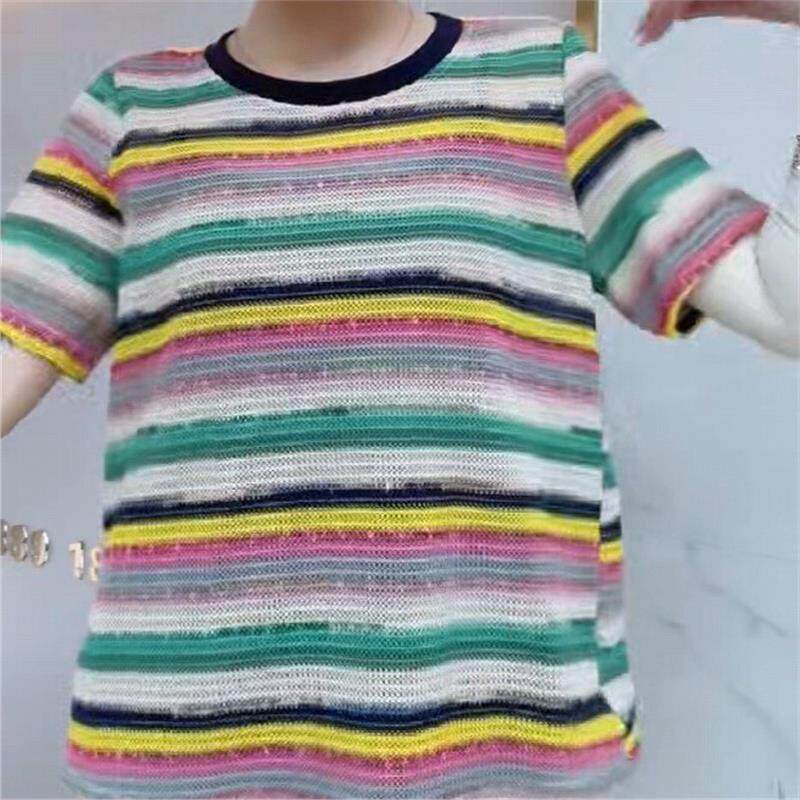2026初夏新女权贵族3207彩色条纹洋气减龄短袖上衣T恤衫大码女装