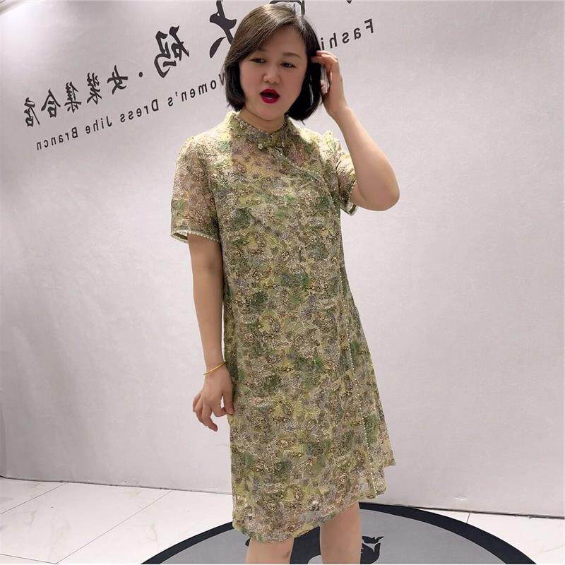 2026夏装大码芮娜依莲夏款刺绣凤尾花图案新中式气质旗袍裙5136