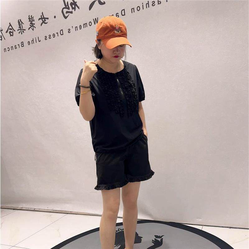 女权贵族T恤2026夏装打底31136半拉链上衣松紧腰木耳边短裤两件套