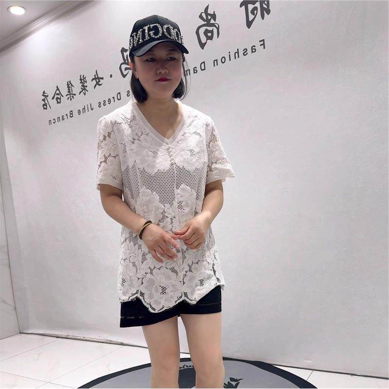 芮娜依莲时尚夏季上衣5996一手长蕾丝短袖衫加肥加大码女装T恤衫